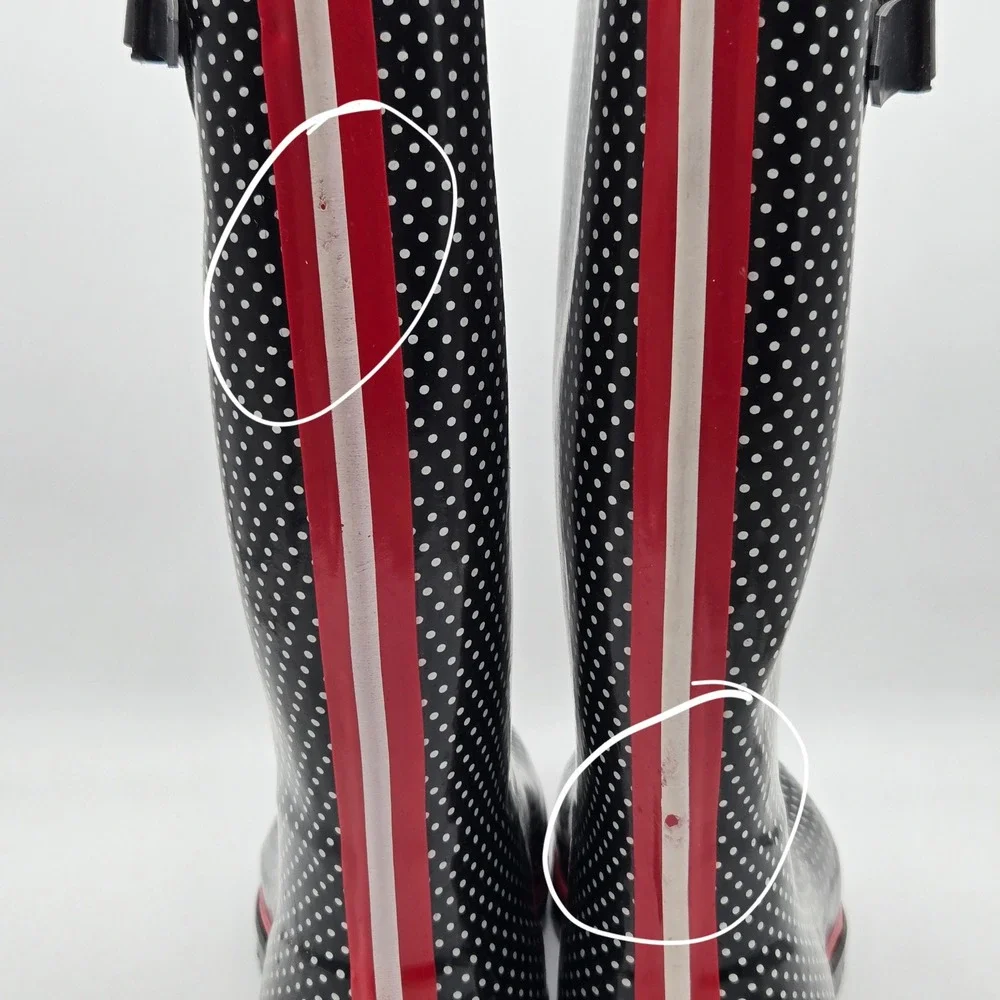 Capelli New York Rain Boots Women 10 Black Polka Dot Waterproof Rockabilly